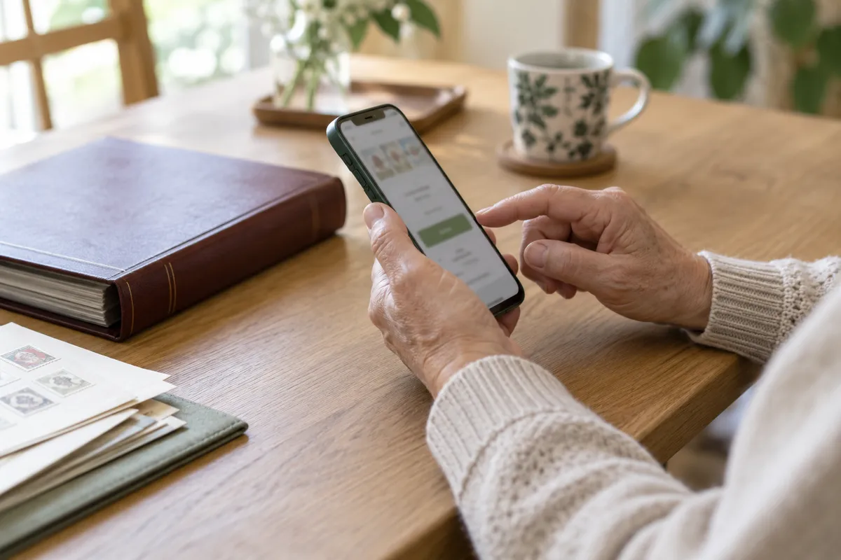 スマートフォンで切手の情報を確認する手元
